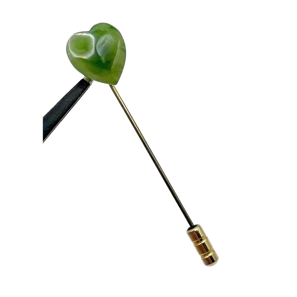 Vintage Heart Shaped Jade Hat Pin Lapel Green Gold Tone Women's Jewelry